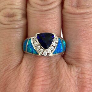 Sterling Silver 925 Trillion Cut Blue & White Cubic Zirconia Opal Inlay Ring